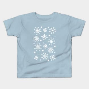 White Doodle Snowflake Pattern on a Light Blue Background, made by EndlessEmporium Kids T-Shirt